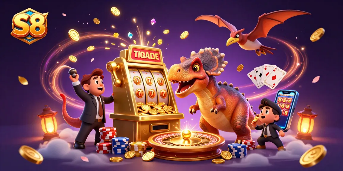 S8 casino action scene with a dinosaur celebrating jackpot wins at a slot machine surrounded by coins and excitement