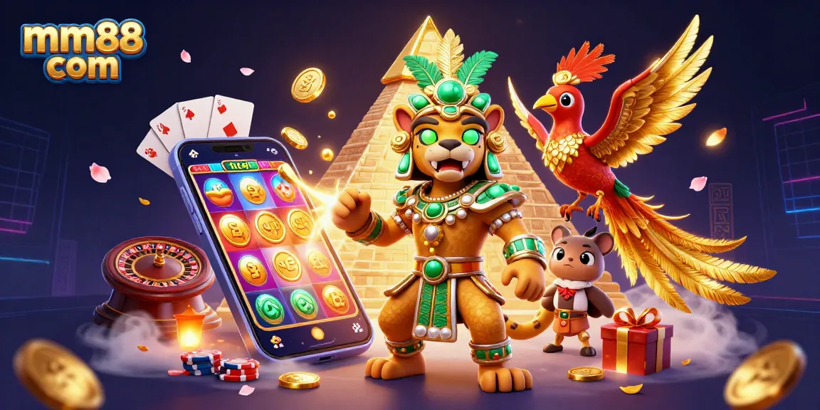 Spin the reels with excitement at mm88 com, featuring a vibrant 3D casino scene.
