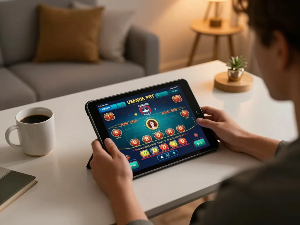 Engage in thrilling online gaming with link vào ga6796 on your tablet, showcasing a live dealer experience.