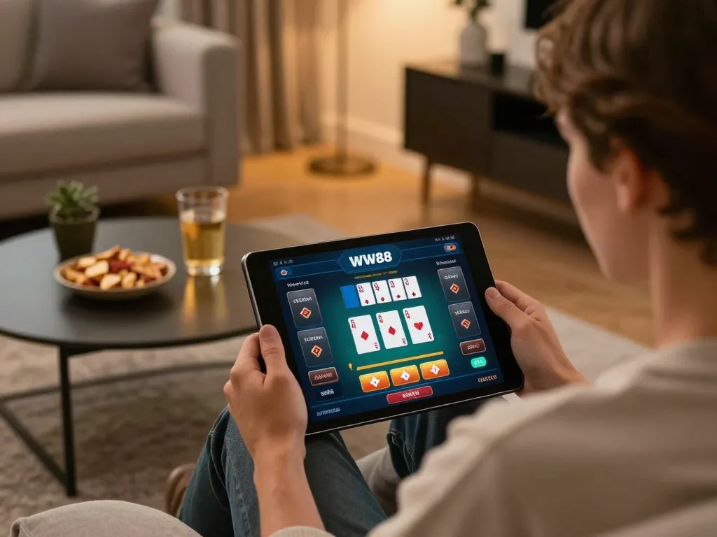 Engaging with the WW88 casino app on a tablet in a cozy home setting while enjoying snacks.