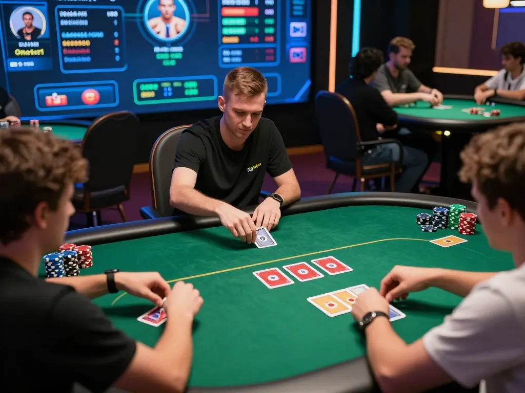 Players engage in a thrilling online poker game at Onbet, showcasing excitement and strategy.