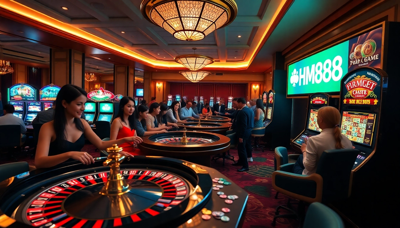 Players engaging in gambling activities at HM88 casino, showcasing excitement and luxury.