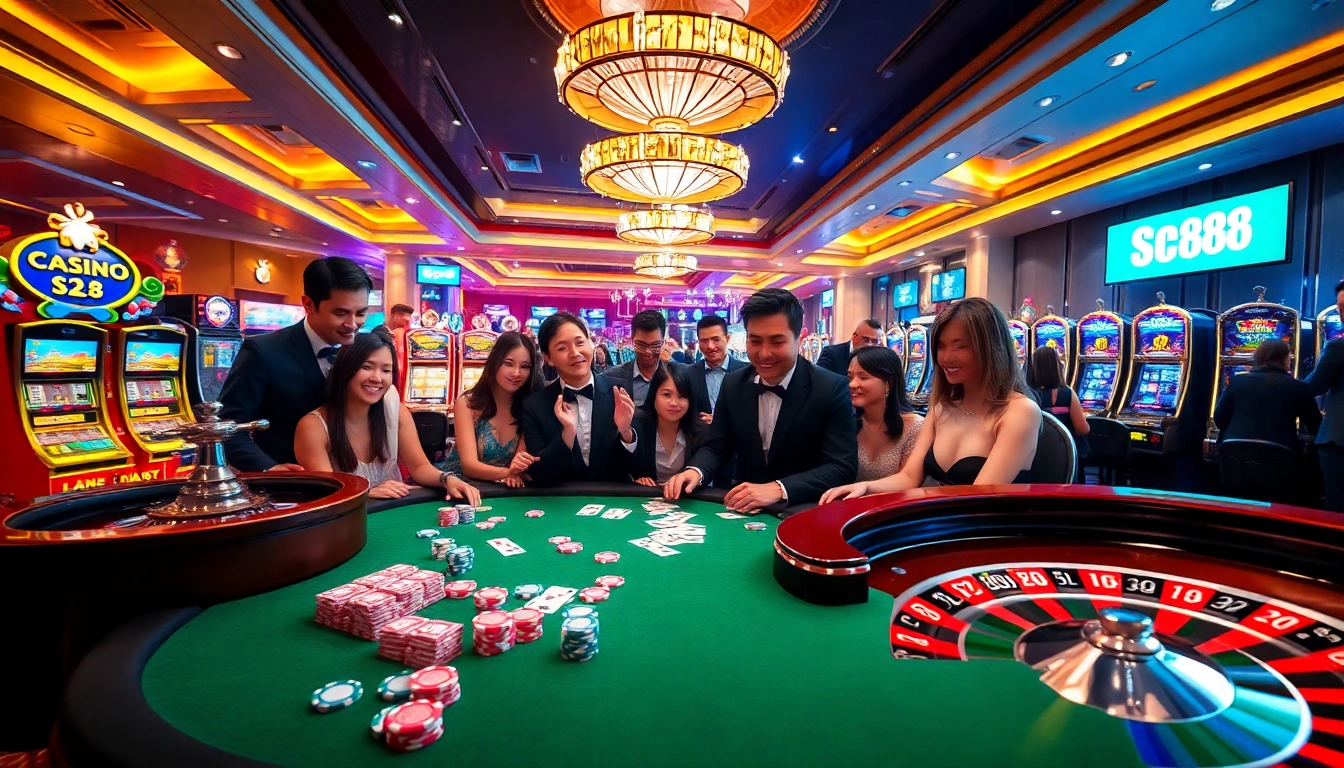 Engaging players at a casino table featuring vibrant sc88 poker chips and roulette highlights.