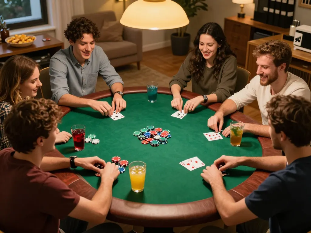 Friends playing poker at home, enjoying lively gameplay with 98win strategies