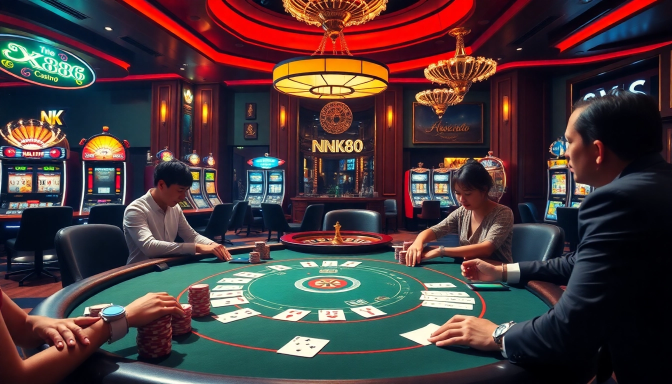 Participants enjoy high-stakes poker at NK88 in a luxurious casino environment.