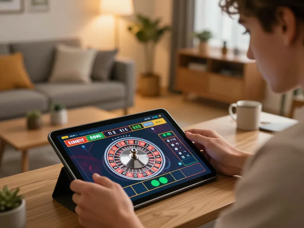 Player enjoying F8BET live roulette on tablet in a stylish home setting
