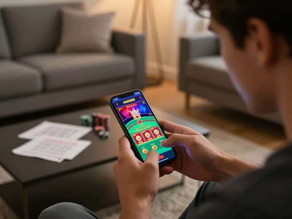 Player immersed in the 4444WIN casino app while enjoying a cozy home environment.