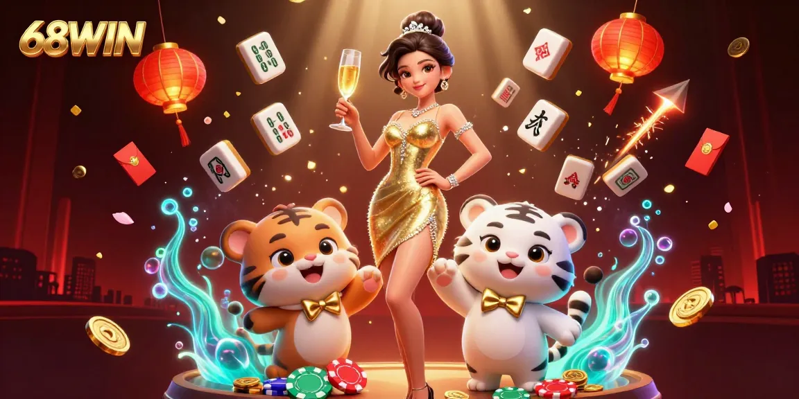 Experience thrilling gaming at 68WIN with a glamorous atmosphere, featuring vibrant casino elements.
