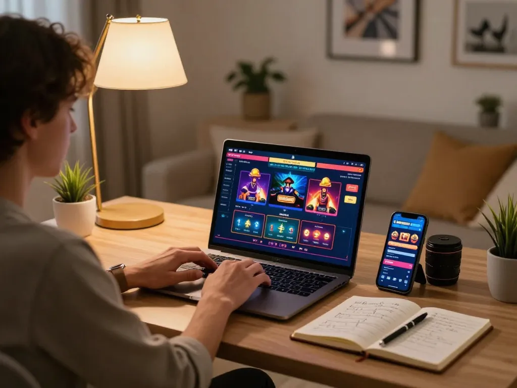 A person playing an online casino game at home using a laptop and smartphone to enjoy https://789win2.us.com/ with strategy notes nearby.