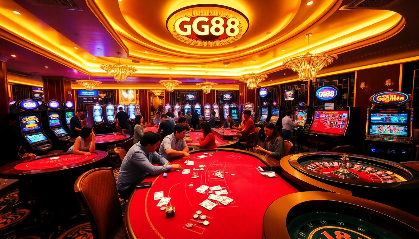 GG88 players enjoying advanced gaming features in a vibrant casino environment.