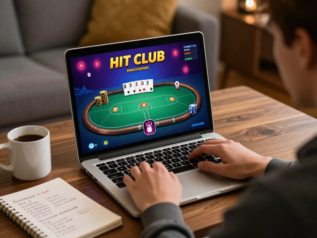 Engaging online play at HIT CLUB with a focused gamer at home using a laptop and strategic notes