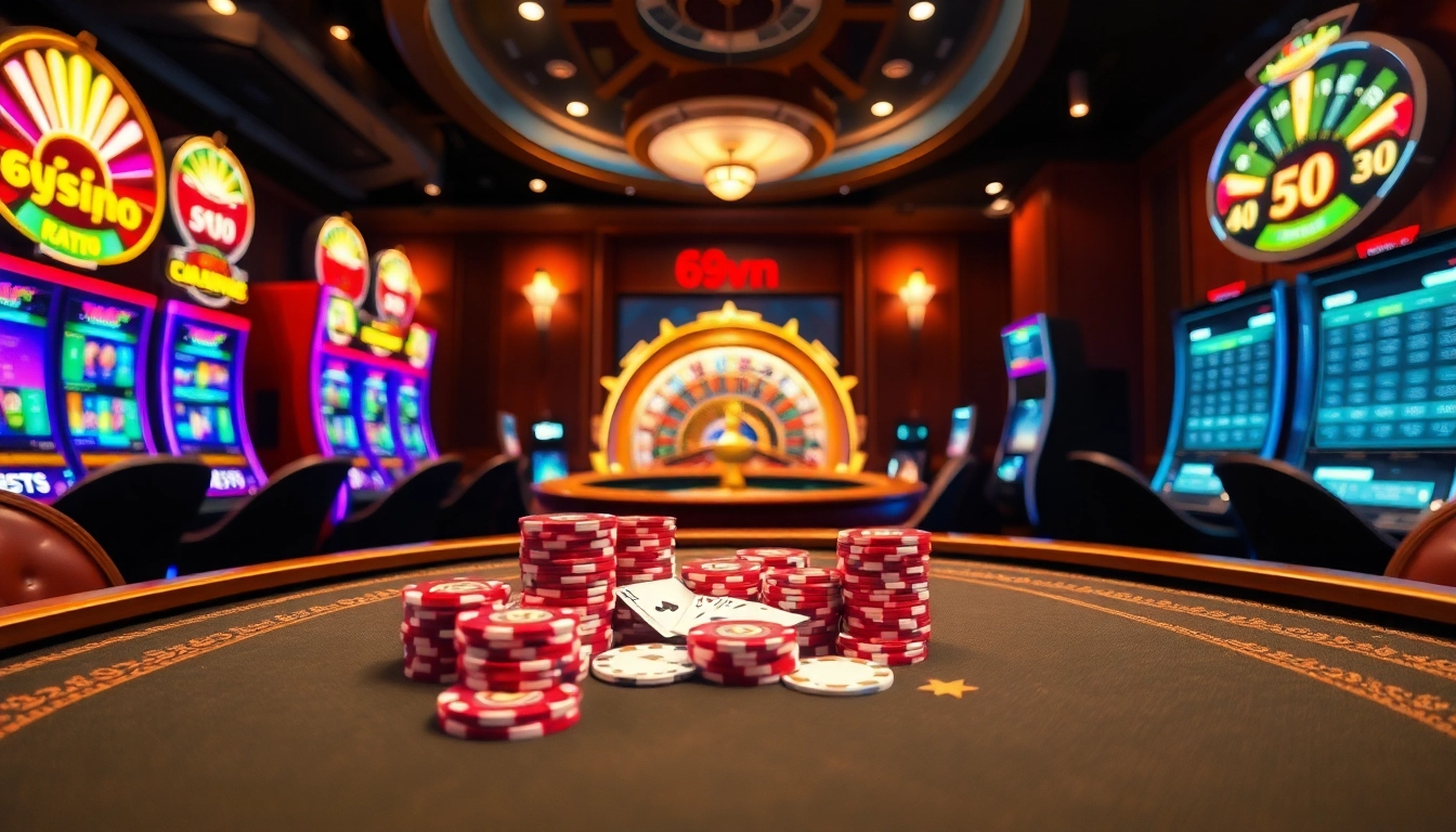 Experience the thrill of 69vn Casino with vibrant poker tables and slot machines.