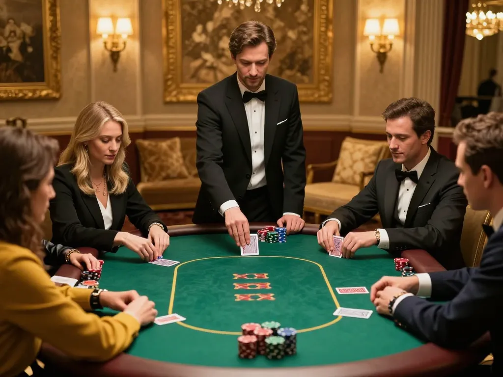 GA28 players strategizing in an upscale poker game with dealer managing cards in a luxurious setting.