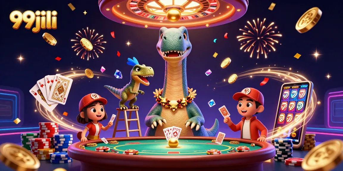Join the excitement at 99jili with a 3D casino scene featuring lively characters and gaming elements.