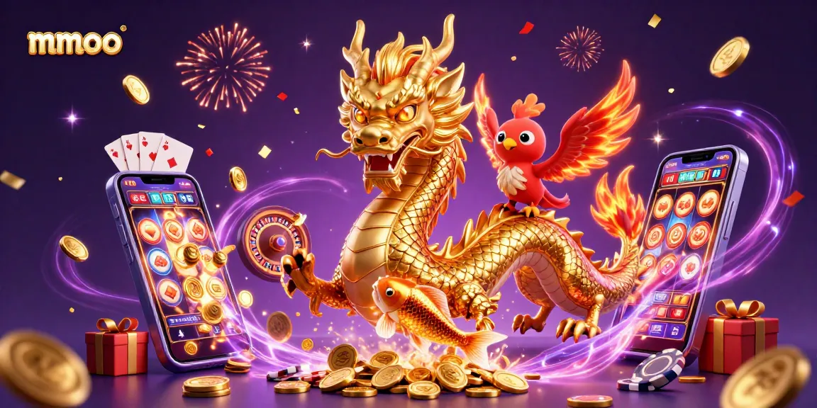 Join the action at mmoo, where a golden dragon and phoenix celebrate thrilling slot wins amidst a shower of coins.