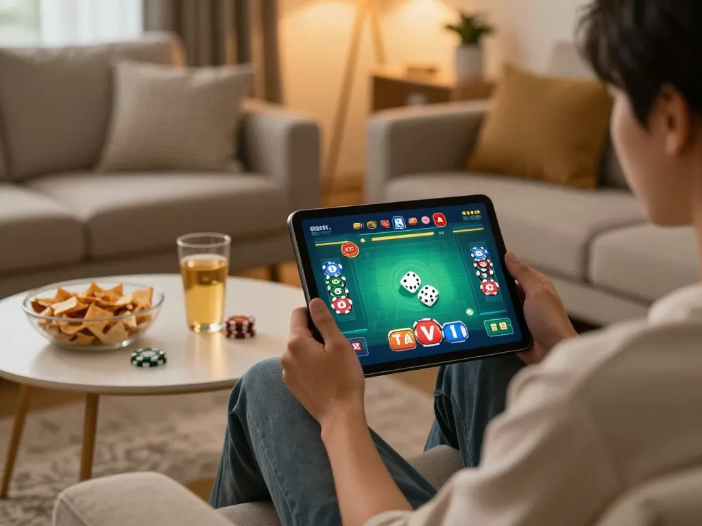 Tài Xỉu gameplay on a tablet in a cozy home setting, highlighting strategic online gambling moments.