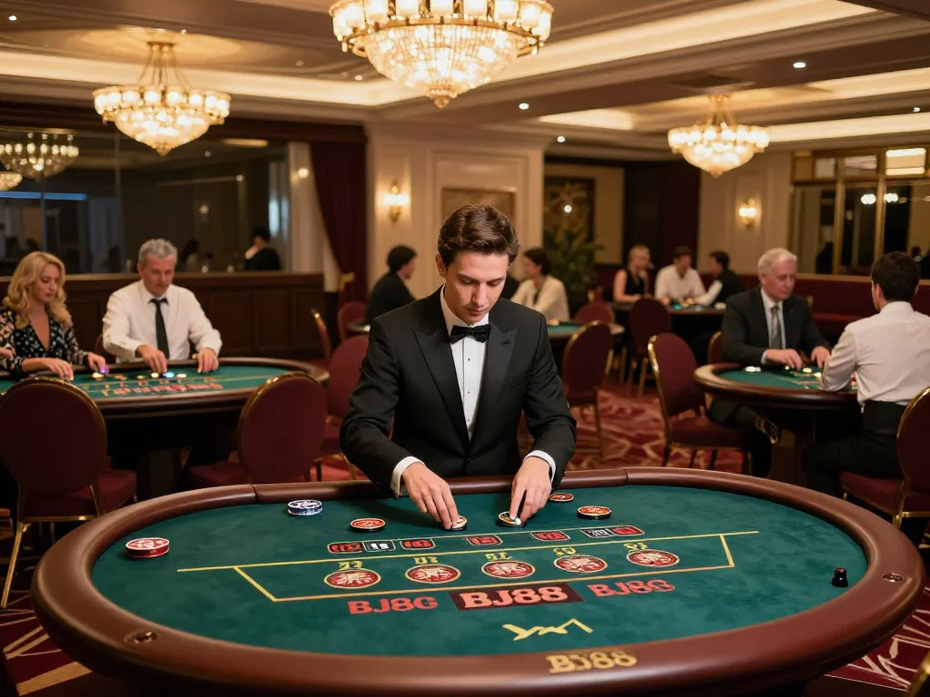Players enjoying dynamic blackjack action at BJ88 casino tables in a luxurious setting.