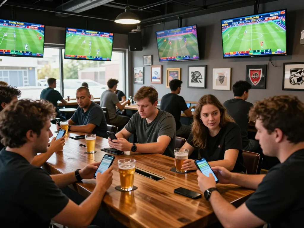 Tin88 patrons engaged in sports betting excitement, analyzing odds on smartphones in a lively bar atmosphere.