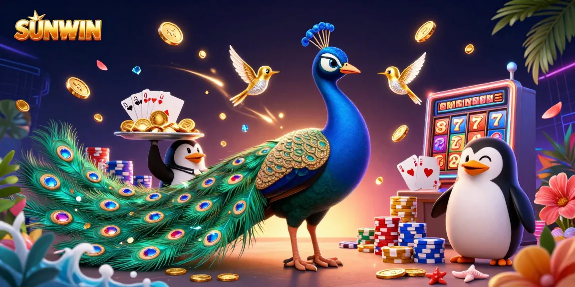 SUNWIN slots scene with a vibrant peacock, penguin, and hummingbird amidst cascading coins and poker elements