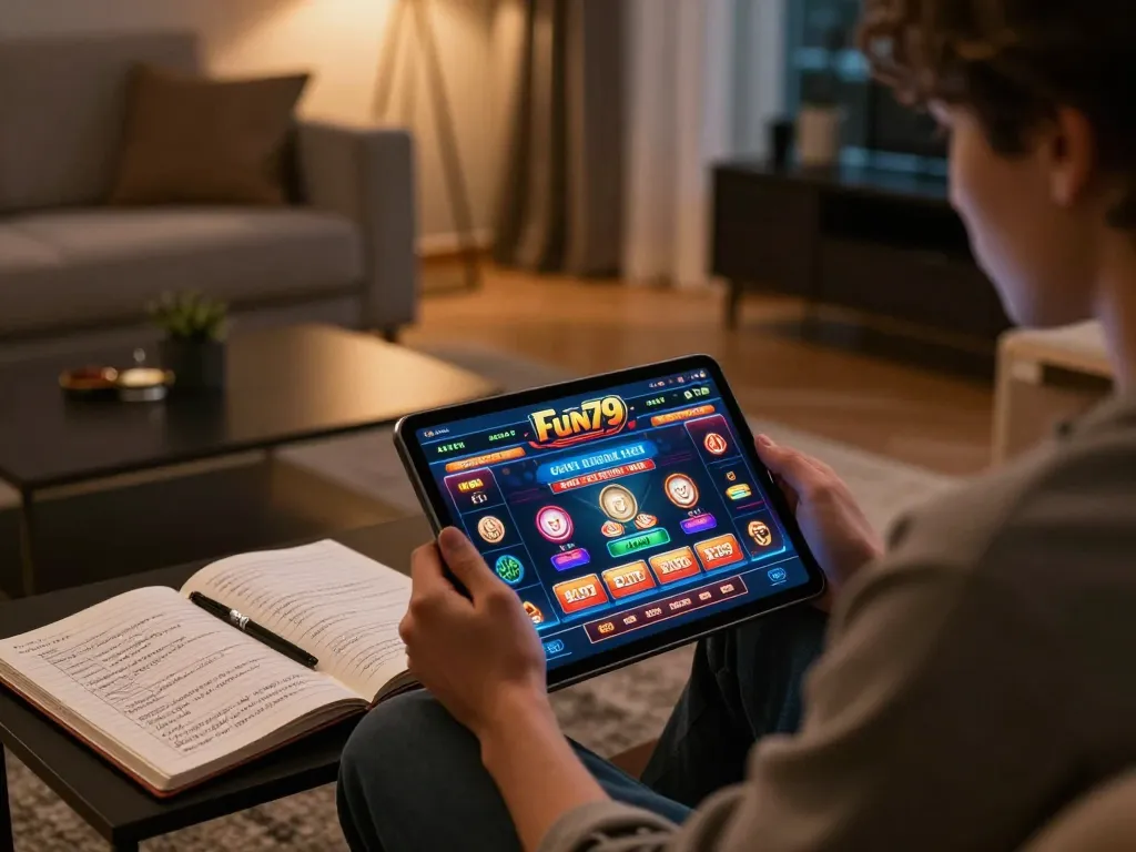 Engaging Fun79 online casino gameplay on a tablet in a cozy home setting.