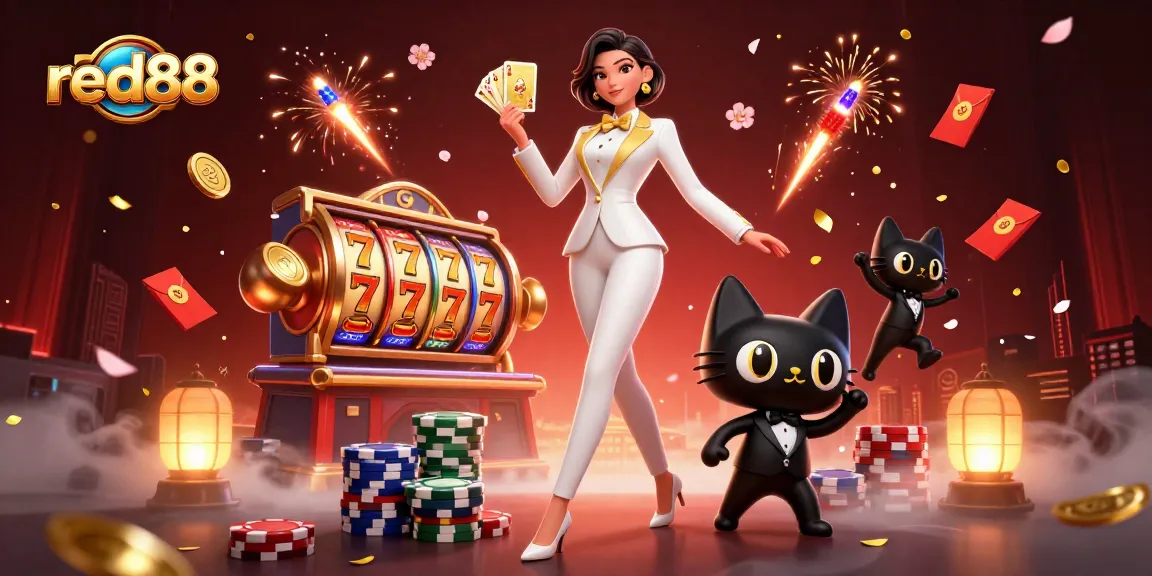 Experience thrilling gameplay at red88 with glamorous casino elements, golden cards, and festive decor.