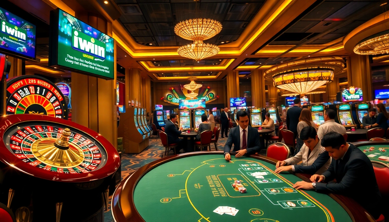 Iwin casino scene with roulette wheel, poker table, and slot machines creating a vibrant atmosphere.