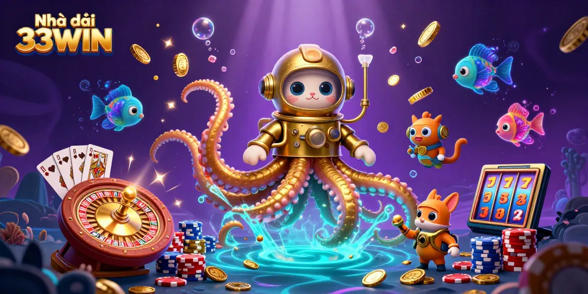 Experience the thrill of Nhà cái 33WIN with vibrant casino elements and engaging characters in a captivating underwater illustration.