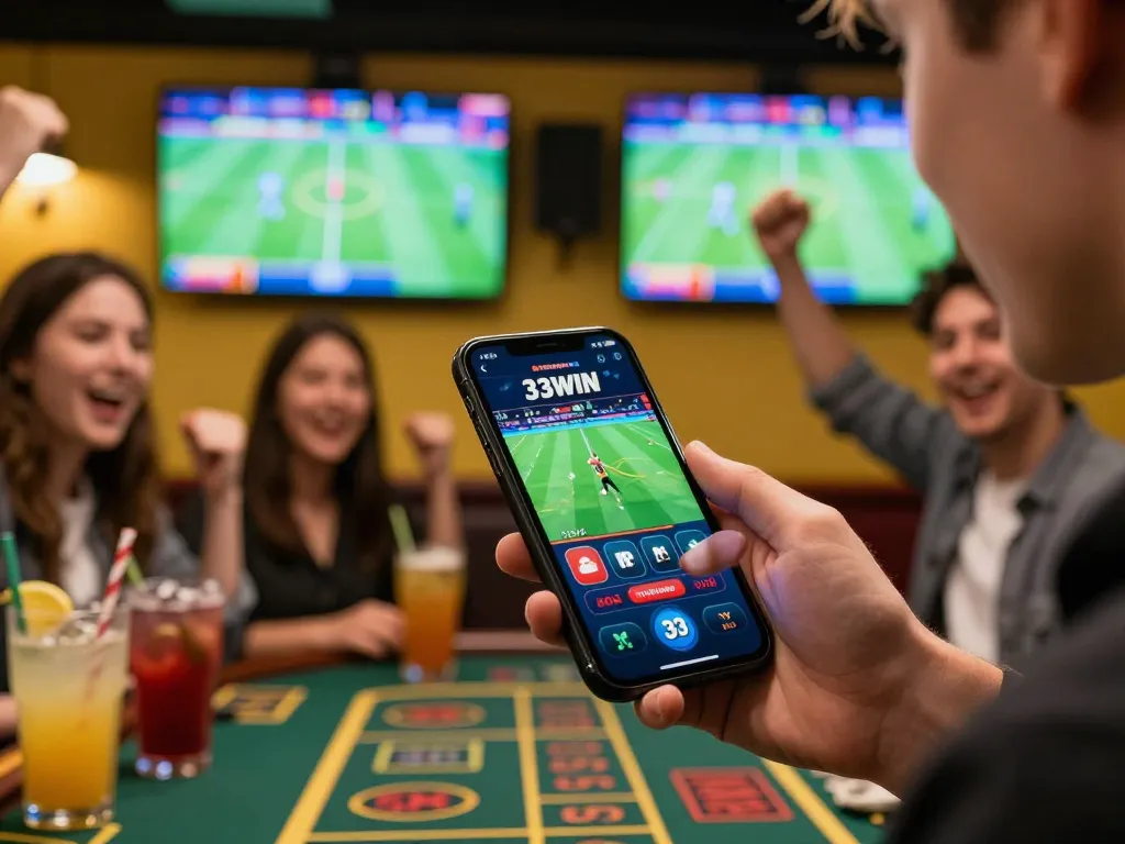 33WIN betting excitement with a user placing bets on a smartphone while enjoying a bar setting.