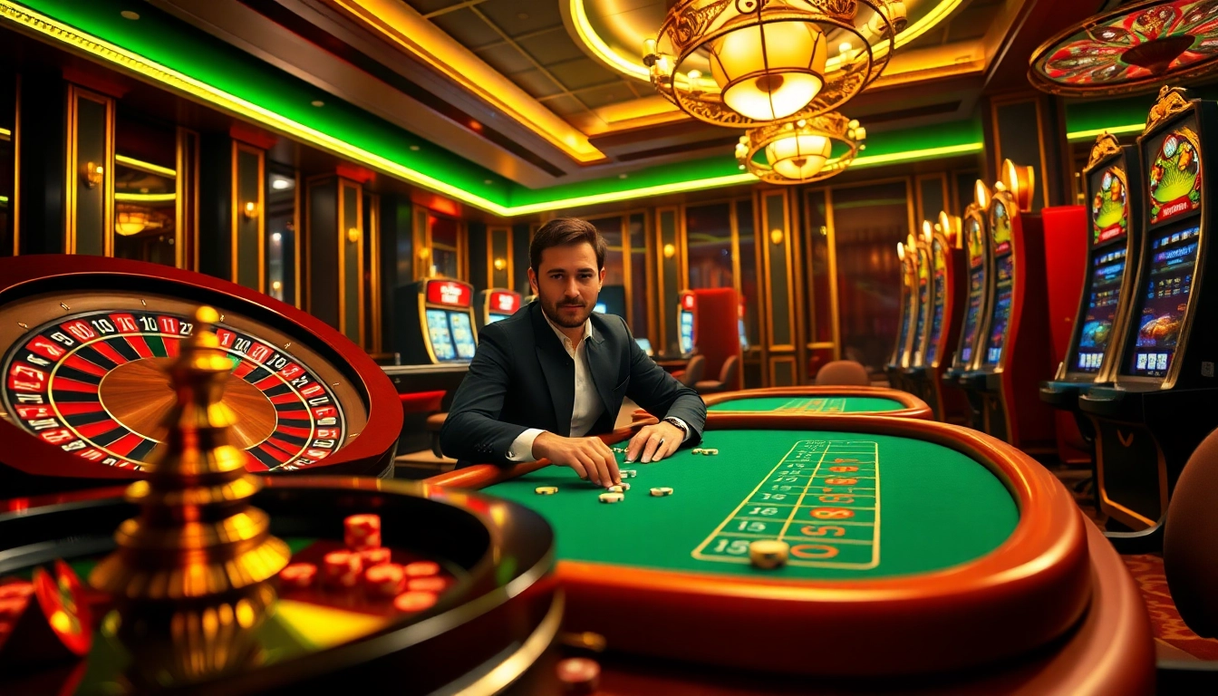 Experience the thrill of say88 as a player confidently bets on a roulette at a luxurious casino setting.