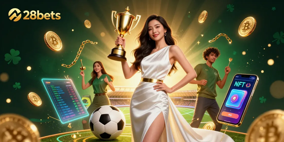Engage in thrilling sports betting with 28bets as a confident Asian woman holds a trophy.