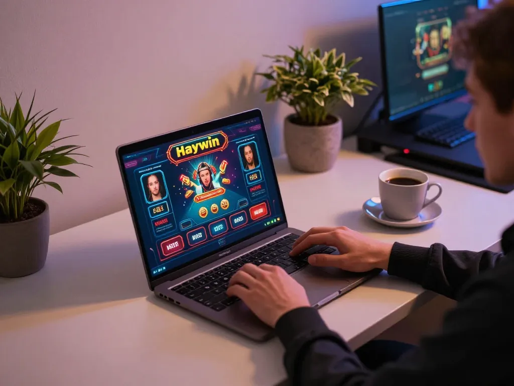 Engaging in online gaming at Haywin, showcasing a laptop with casino interface, cozy setup