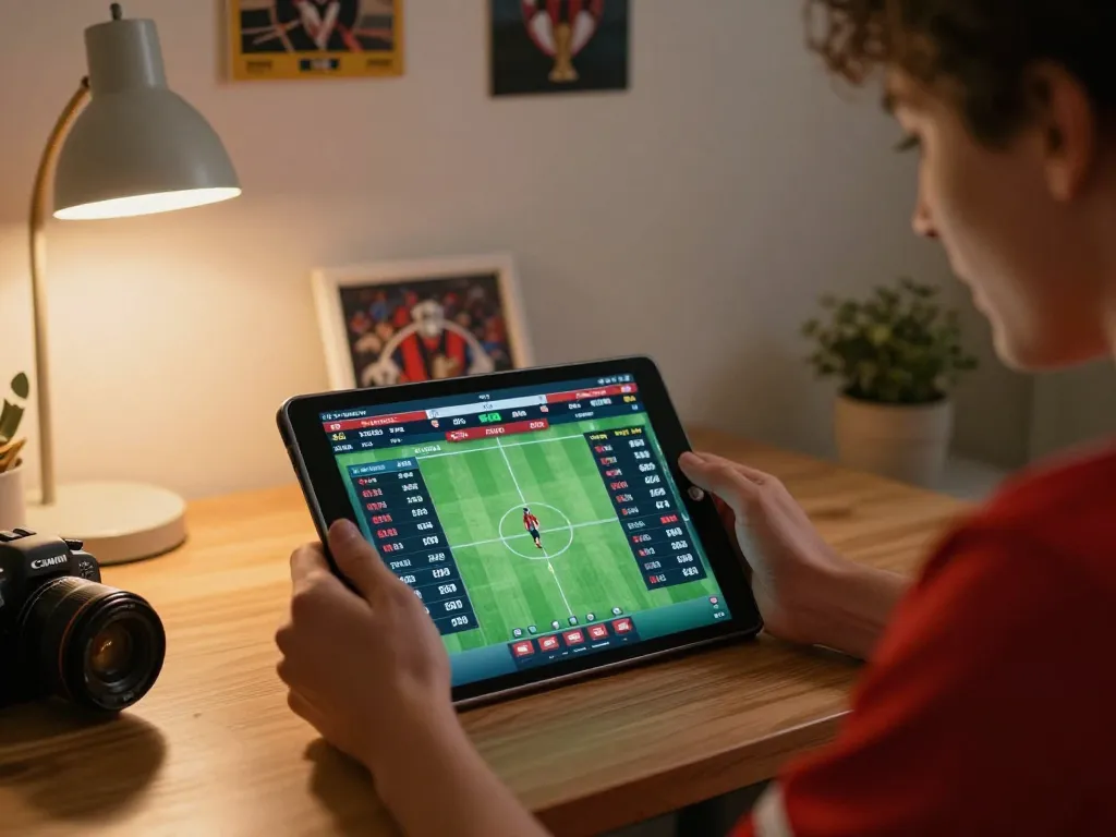 Engaging in sports betting on a tablet using 555win, celebrating winning odds in a cozy setting.