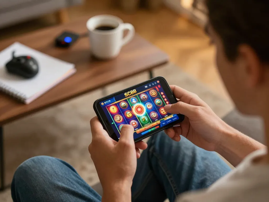 Player engaging with SC88 casino app on smartphone, immersive colorful slot game displayed, cozy home setting
