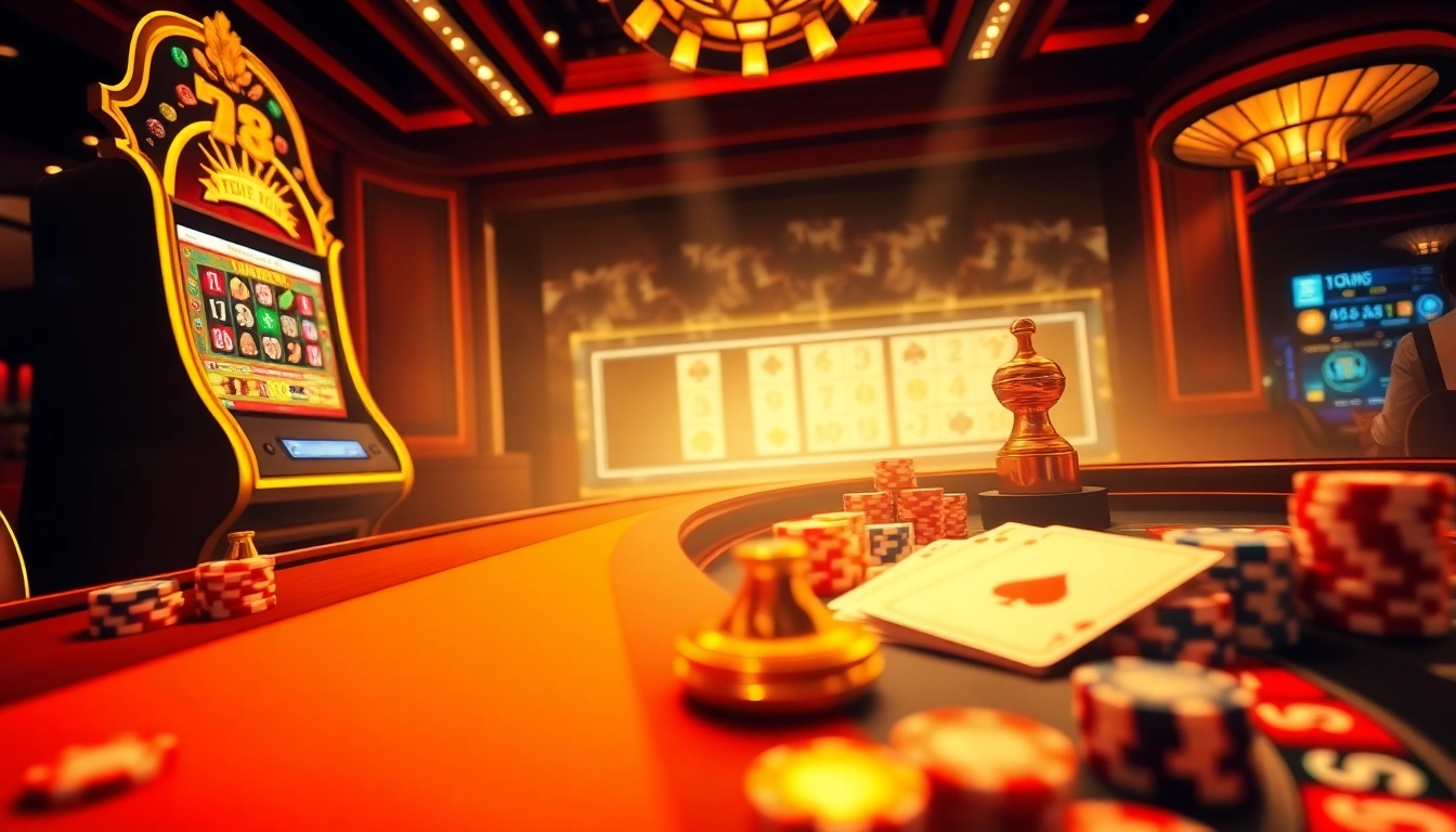 Experience the excitement of TRANG CHỦ NOHU90 with a gleaming slot machine and vibrant poker chips.