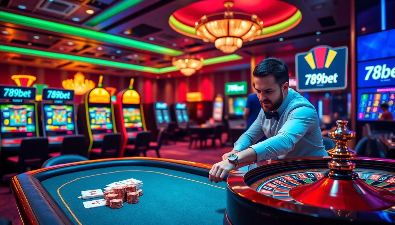 Experience the thrill of gambling at 789bet with colorful slot machines and vibrant poker tables.