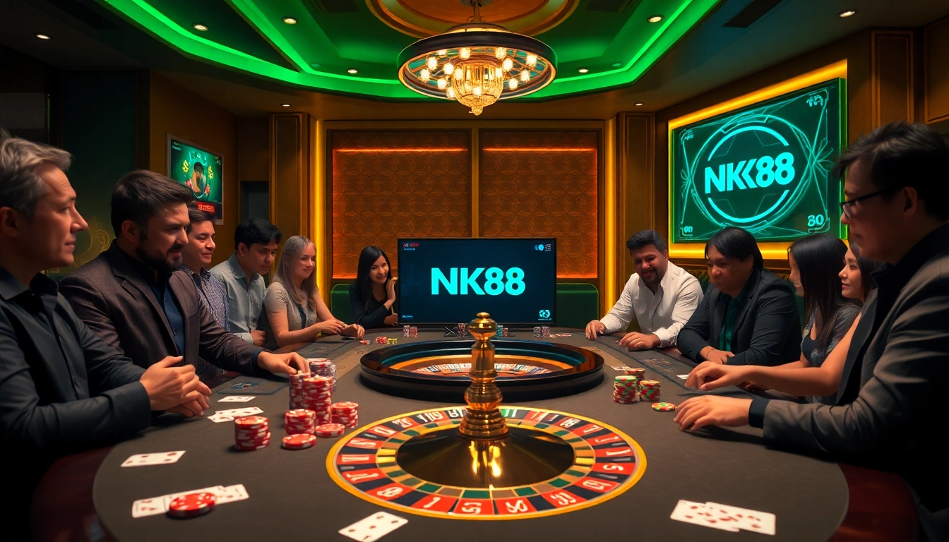 players enjoying exciting games at NK88 casino with vibrant poker tables and roulette wheel