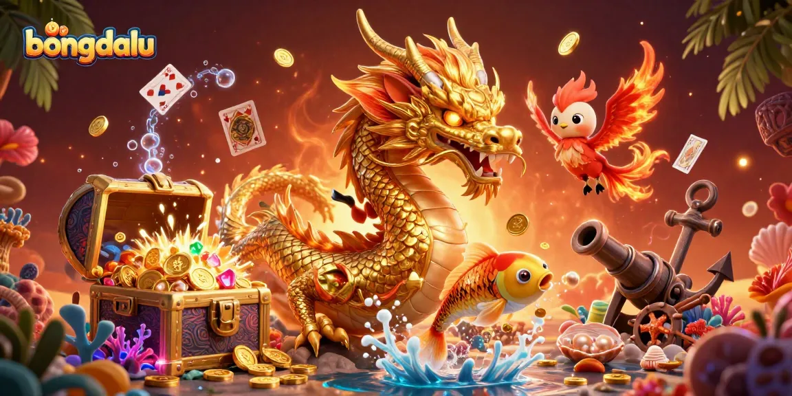 Engage with bongdalu as a golden dragon soars above a vibrant underwater scene filled with treasures and casino elements.