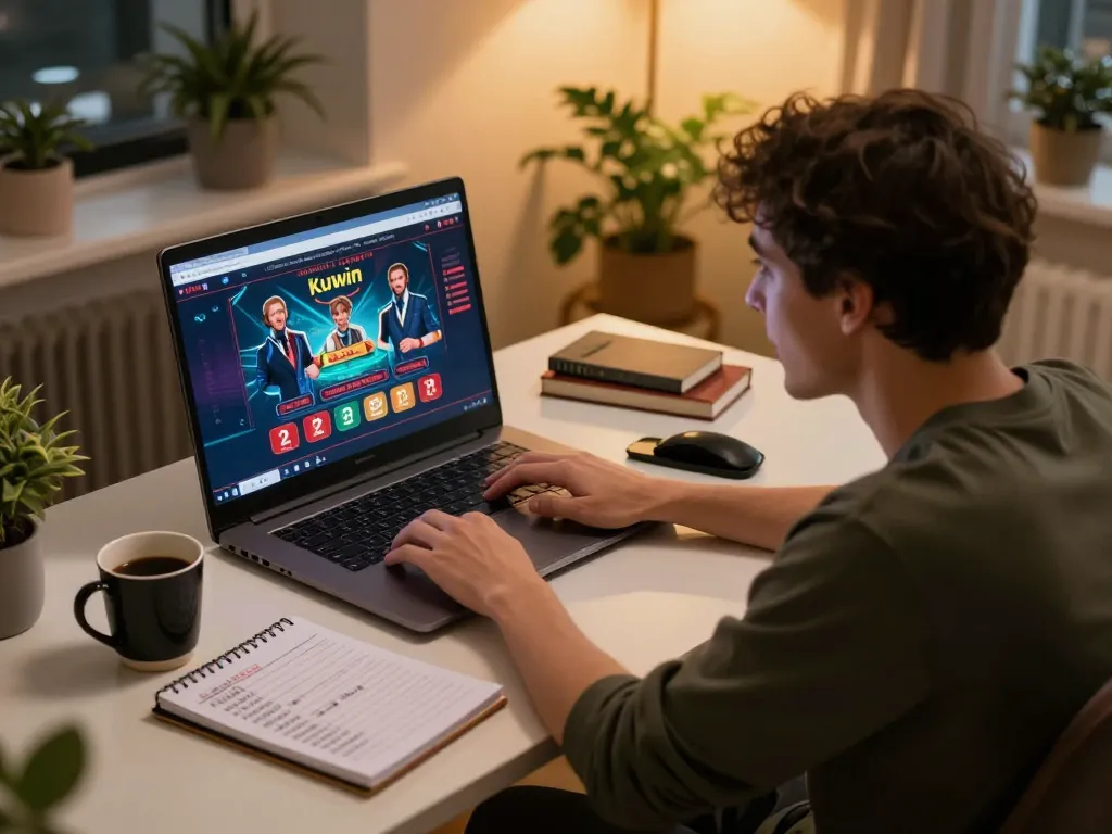 Kuwin player engaging with live dealer game on laptop in cozy home setting