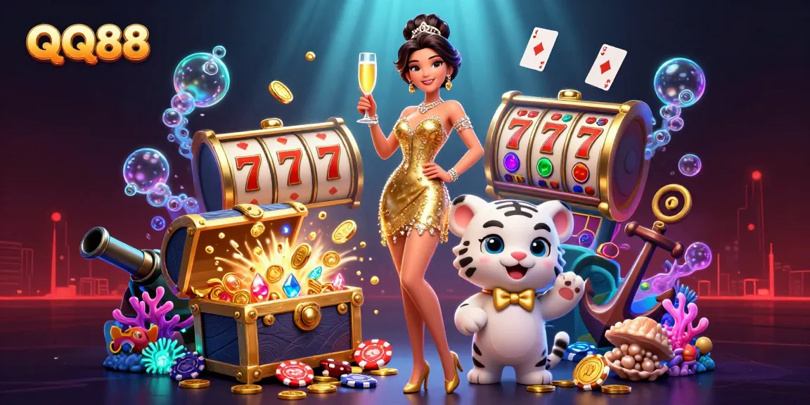 Experience the thrill of QQ88 with glamorous casino elements and a lucky tiger in a vibrant scene.