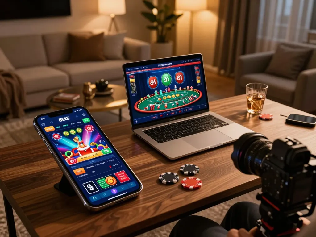 Engaging online gaming scene with 8EEE app on smartphone, illustrating vibrant games and relaxed home atmosphere.