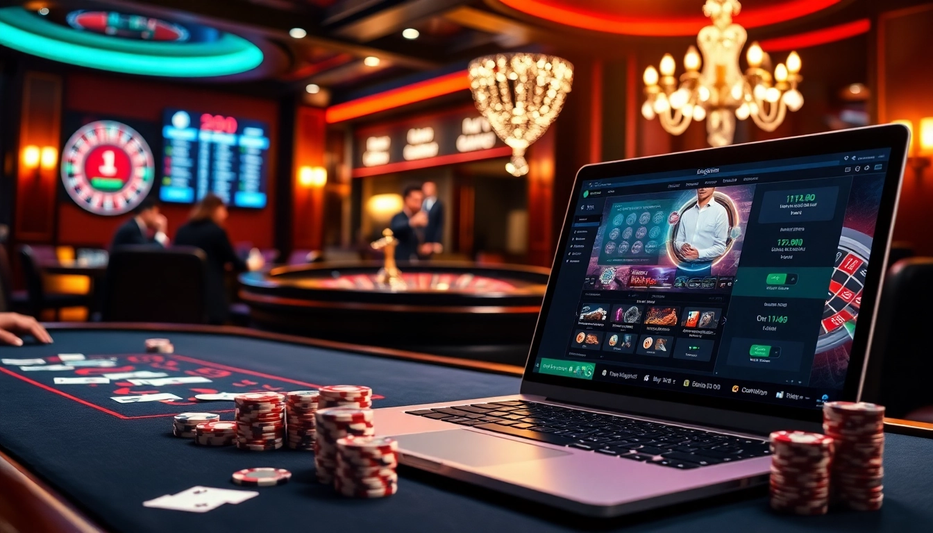 Experience the thrill of online gambling at https://888vnd.space/ with a vibrant poker table and roulette wheel.