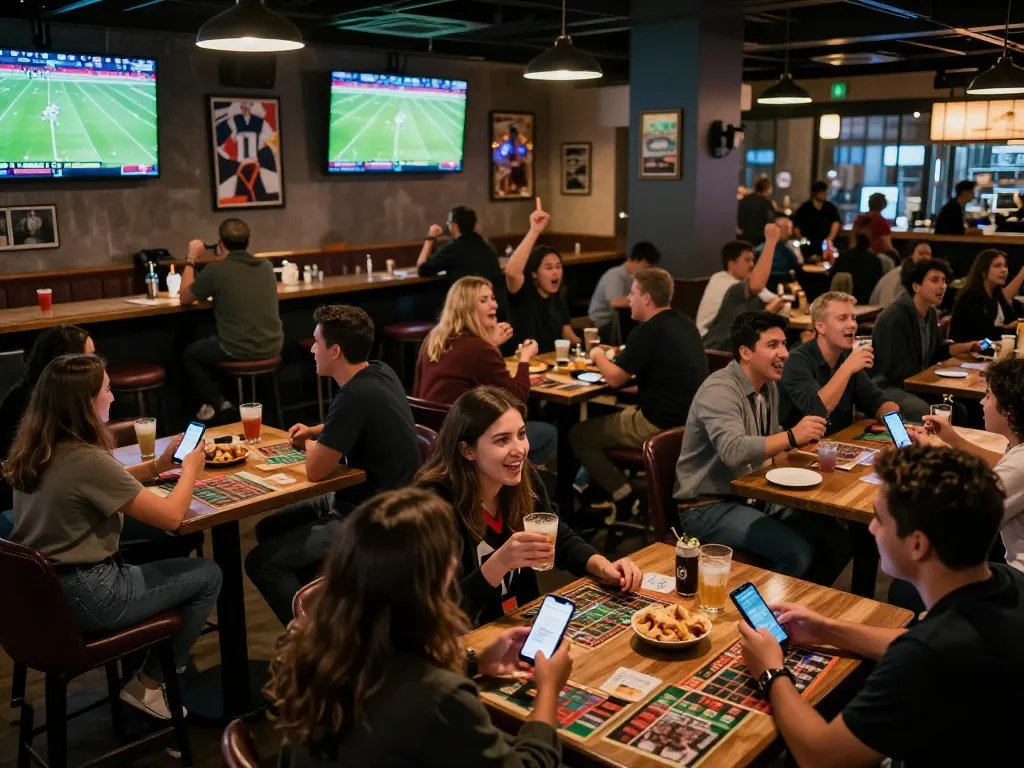 Fans engaging in sports betting at a lively sports bar while watching resultsfootball games on screens.