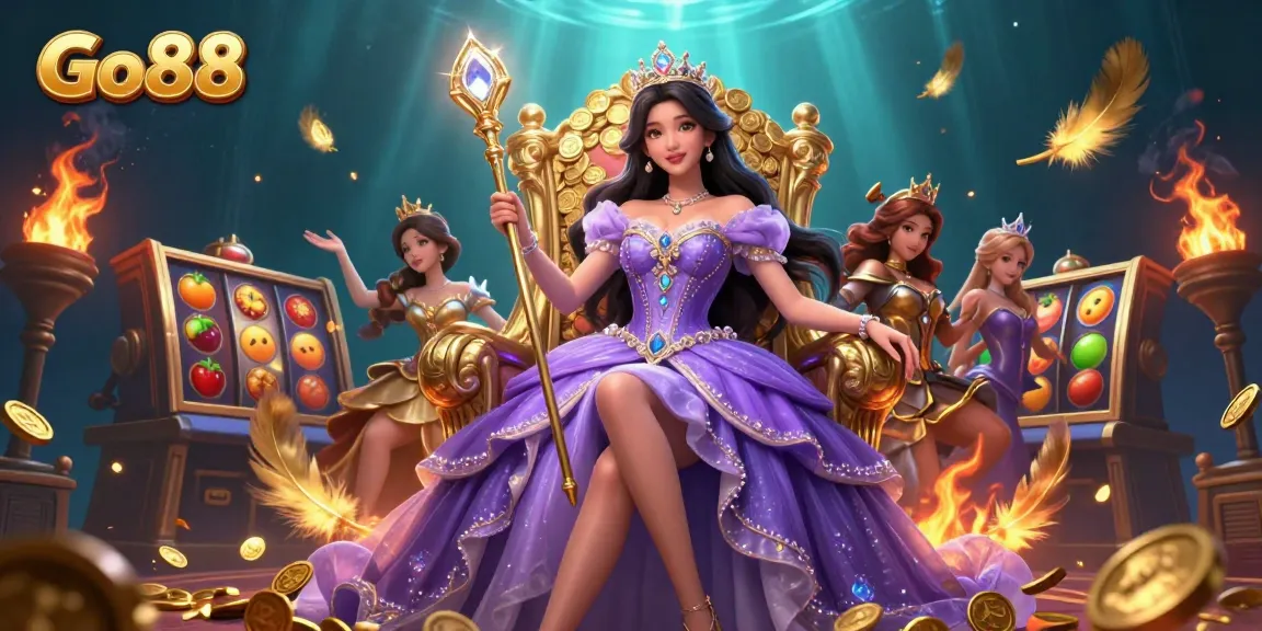Experience the excitement of Go88 with a stunning 3D casino scene featuring vibrant slot machines and dynamic gaming elements.
