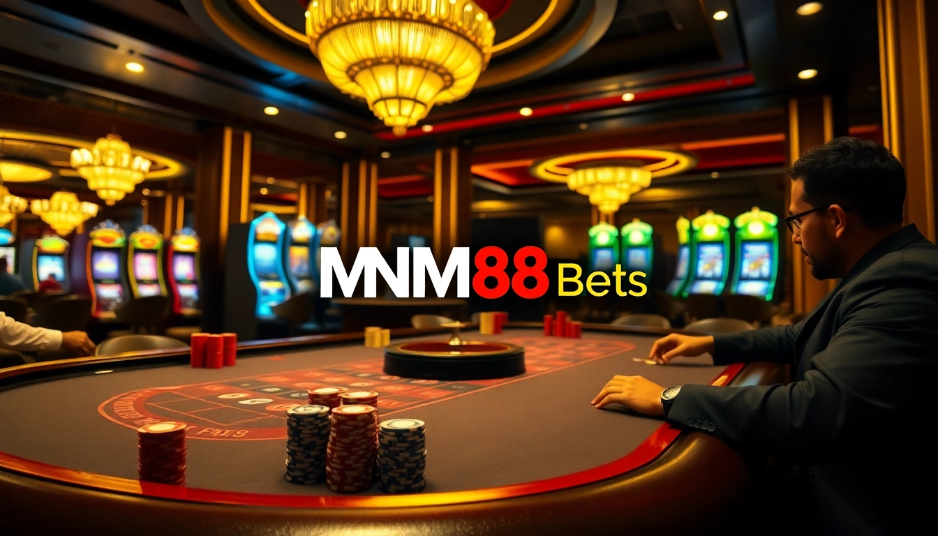 Players enjoying high-stakes card games at MM88 Bets in a luxurious casino setting.