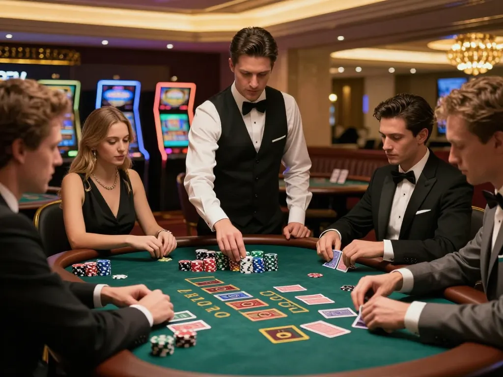 Ace96au players engaged in thrilling blackjack gameplay at a luxurious casino table.