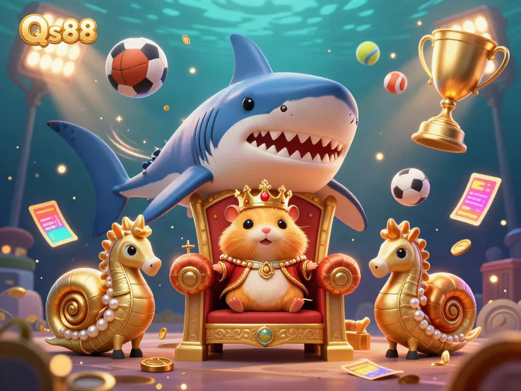 Experience the vibrant action of Qs88 with a golden hamster king amidst dynamic sports elements and shimmering treasures.