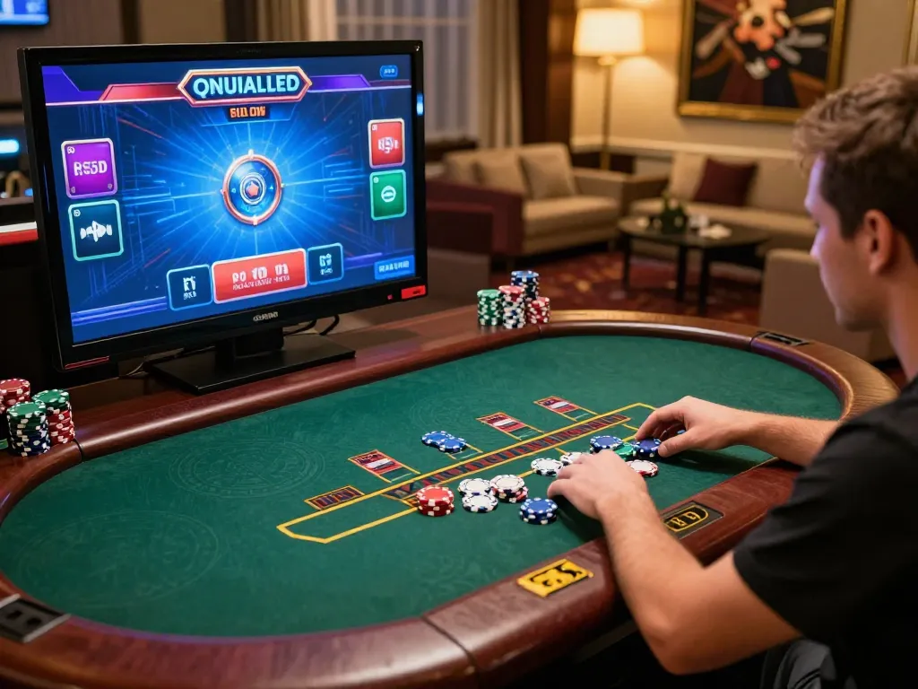 Player enjoying an online blackjack game at o8net3 casino, demonstrating strategic play with vibrant graphics.