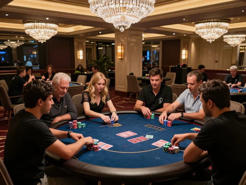 Players enjoying an engaging poker game in an upscale VIP area at 58wiin casino, highlighting strategic moves and luxury atmosphere