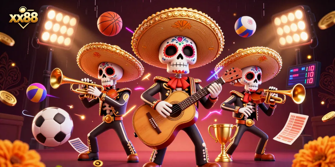Experience winning strategies at xx88 with a vibrant 3D scene of a mariachi band surrounded by animated sports elements.