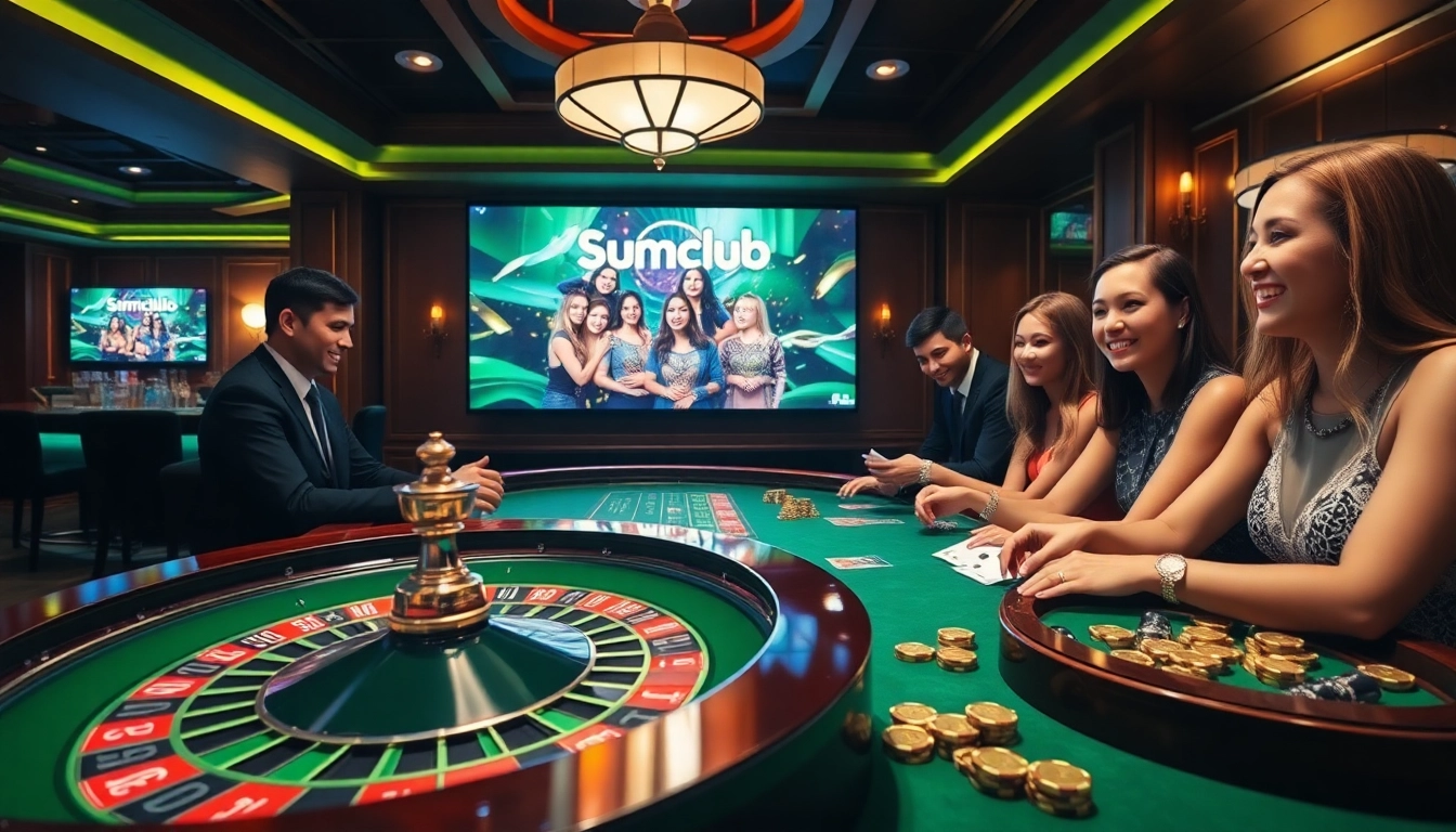Players enjoying an exciting game at Sumclub's vibrant online casino, featuring roulette and poker tables.